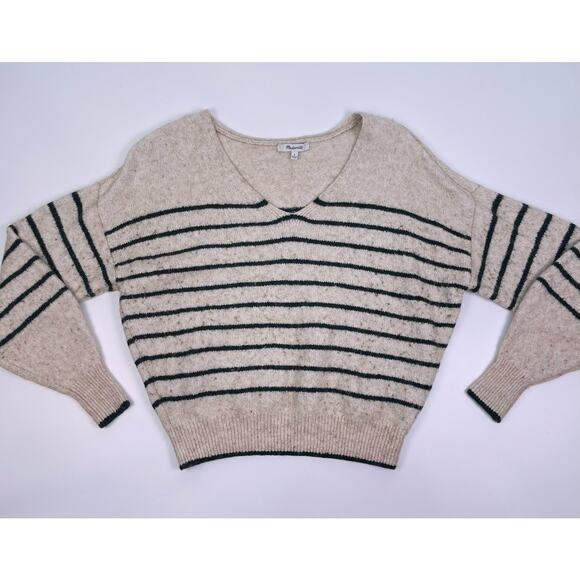 Madewell Merino Wool Oatmeal & Dark Green Striped V Neck Sweater Women’s Small - Picture 6 of 12